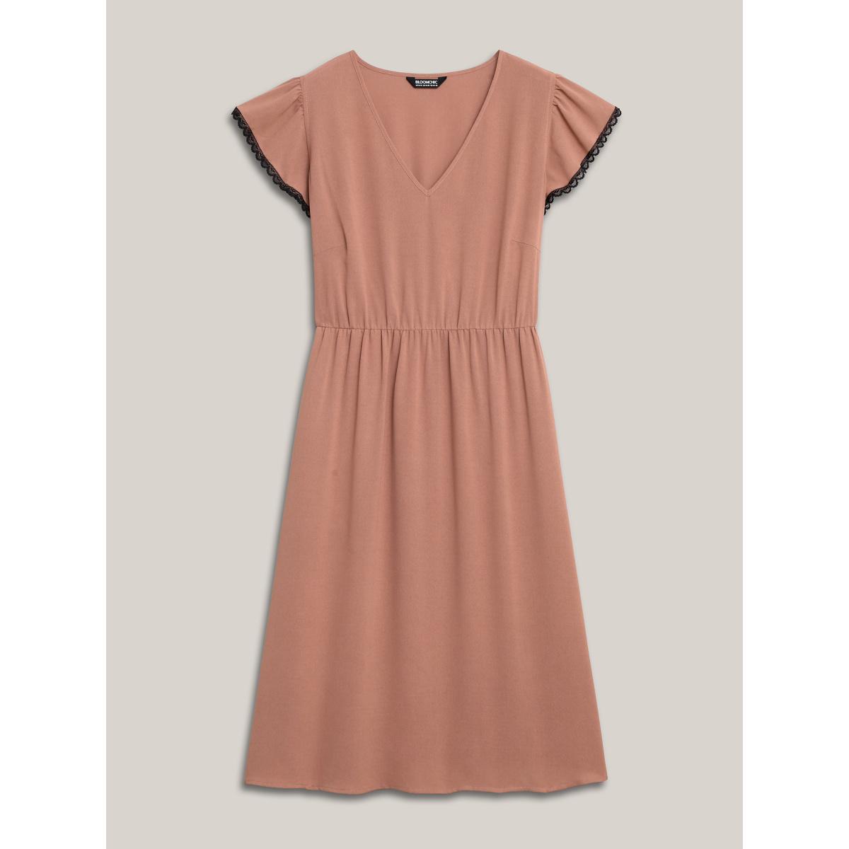 Plus Size Contrast Lace Flutter Sleeve Breezy Midi Dress Rouge Women At the Office Woven ribbon&lace trim V-neck Cap Sleeve Curvy BloomChic 30/6X Product Image