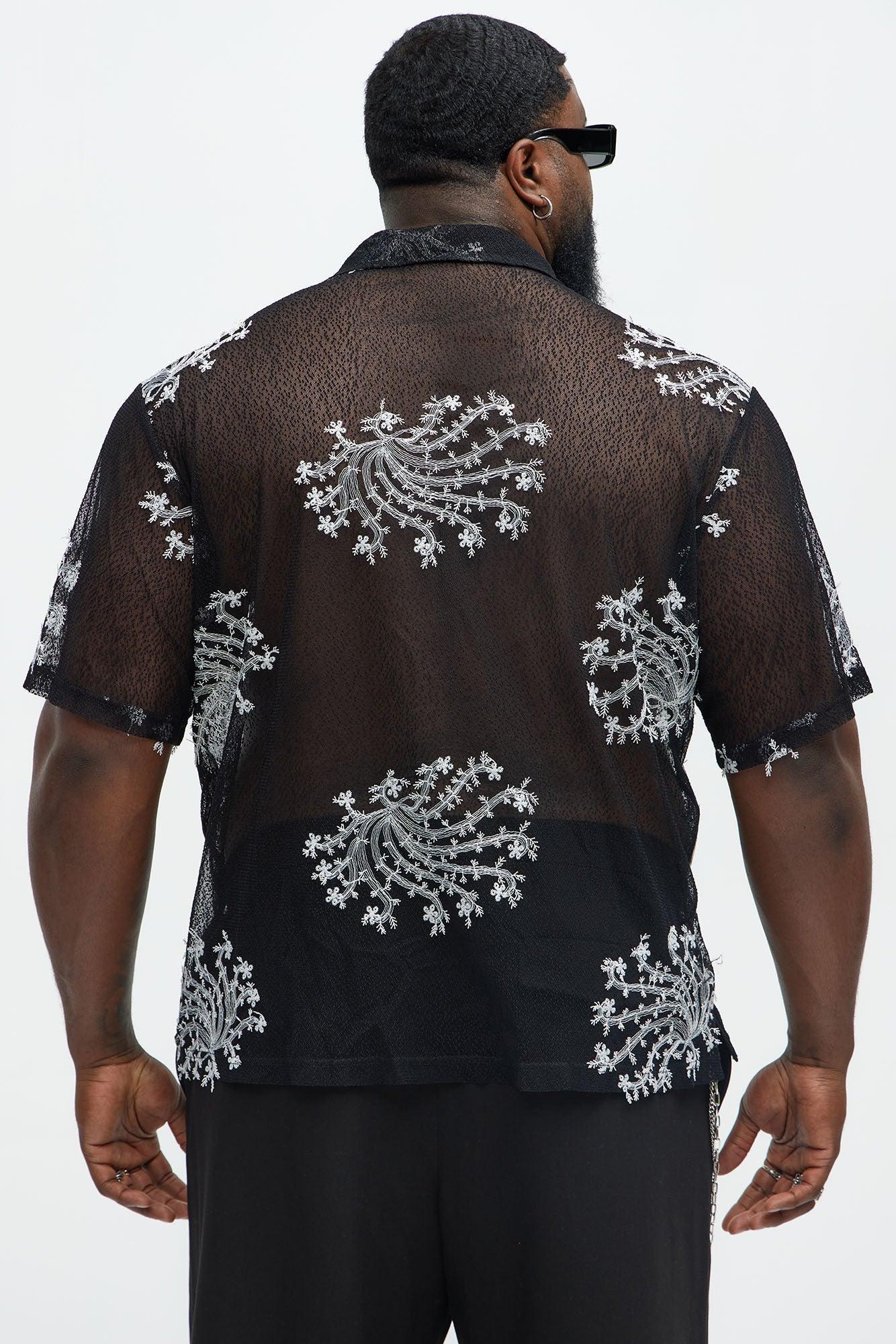 Plant Embroidered Cuban Mesh Shirt - Black Product Image