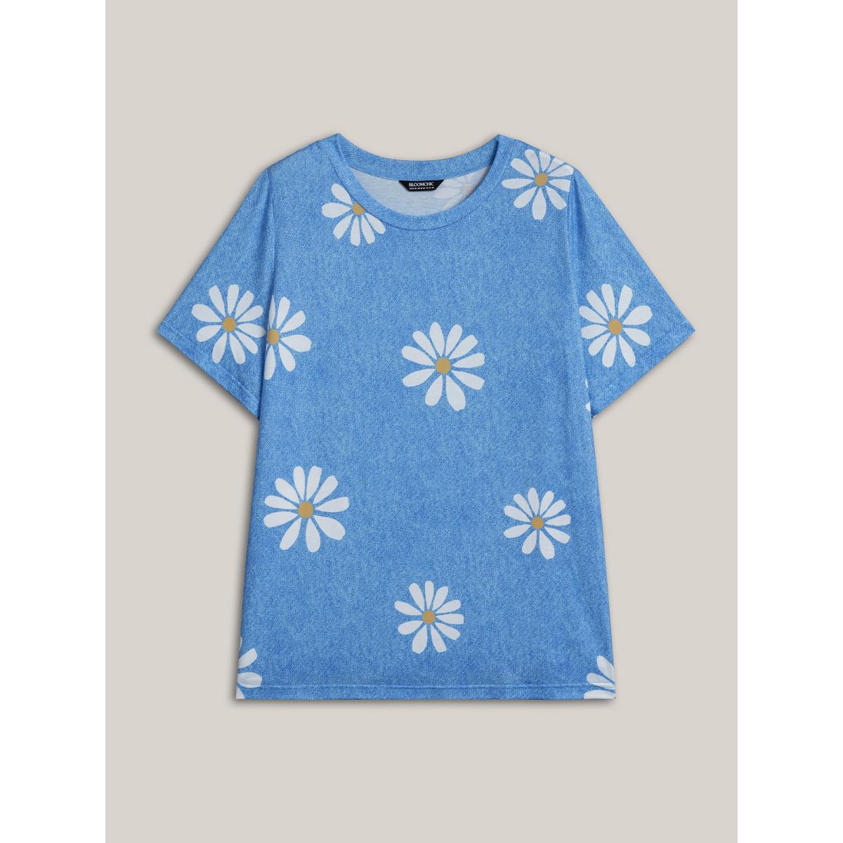 Plus Size Stretchy Floral Print Round Neck T-shirt LightBlue Women Playful Non Natural Flowers Round Neck Casual T-shirts BloomChic 10/M Product Image