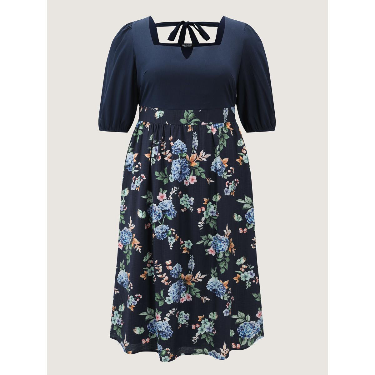 Plus Size Vintage Floral Print Back-Tie Midi Dress DarkBlue Women Romantic Tie knot Notched collar Elbow-length sleeve Curvy BloomChic 26/4X Product Image