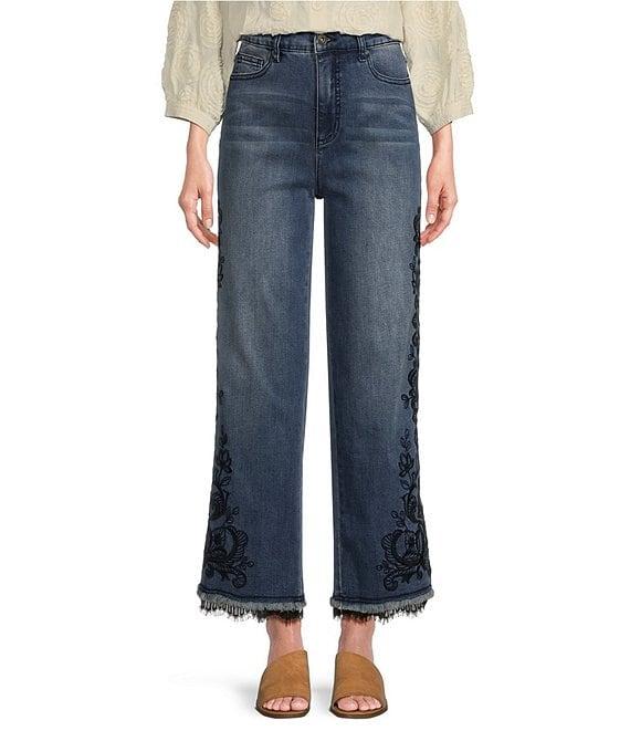 John Mark Stretch-Denim Embroidered Wide Leg Lace Hem Ankle Jean Product Image