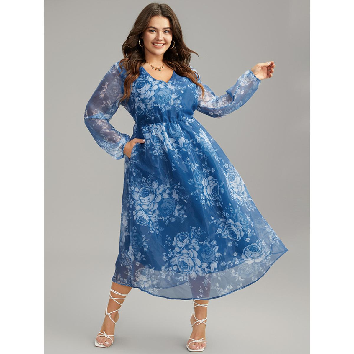 Plus Size Silhouette Floral Print Elastic Cuffs Mesh Dress Cerulean Women Elegant Elastic cuffs V-neck Long Sleeve Curvy Midi Dress BloomChic 10/M Product Image