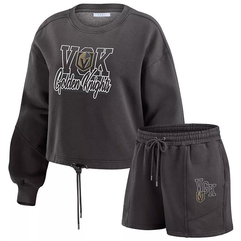 Women's WEAR by Erin Andrews Black Boston Bruins Washed Fleece Sweatshirt & Shorts Lounge Set,  Product Image