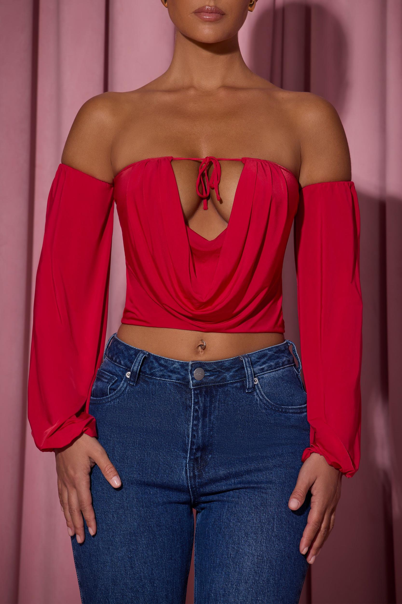 Off-Shoulder Draped Balloon-Sleeve Top in Red Female Product Image