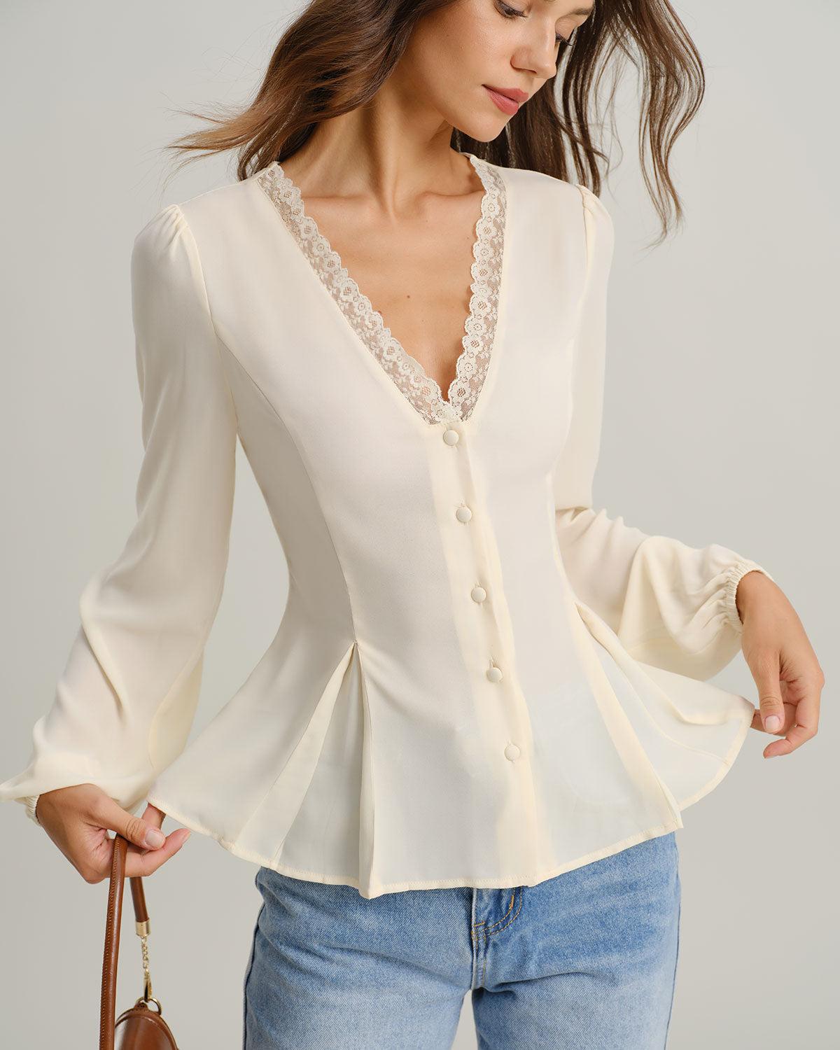 Apricot V Neck Lace Lantern Sleeve Blouse Product Image