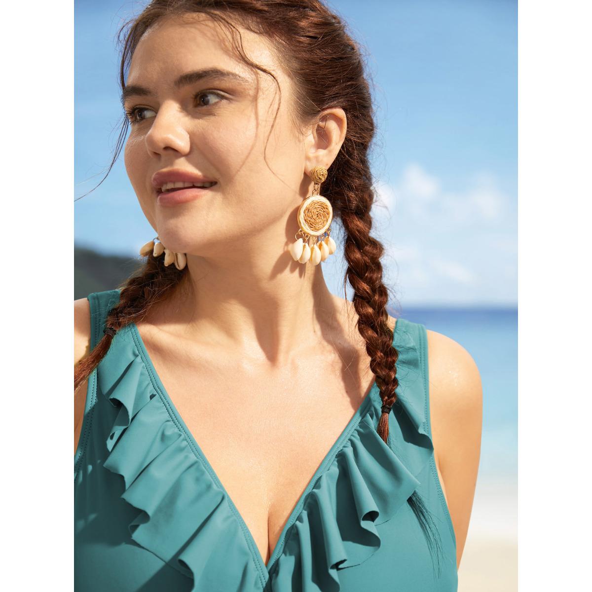 Plus Size Solid Ruffle Surplice Neck Trim Swim Top Women's Swimwear Teal Beach Ruffles High stretch Skinny Overlap Collar Curve Swim Tops BloomChic 22-24/3X Product Image