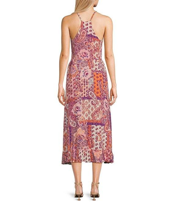 Angie Patch Print Spaghetti Strap Racer Back Ruffle Front Midi Dress Product Image