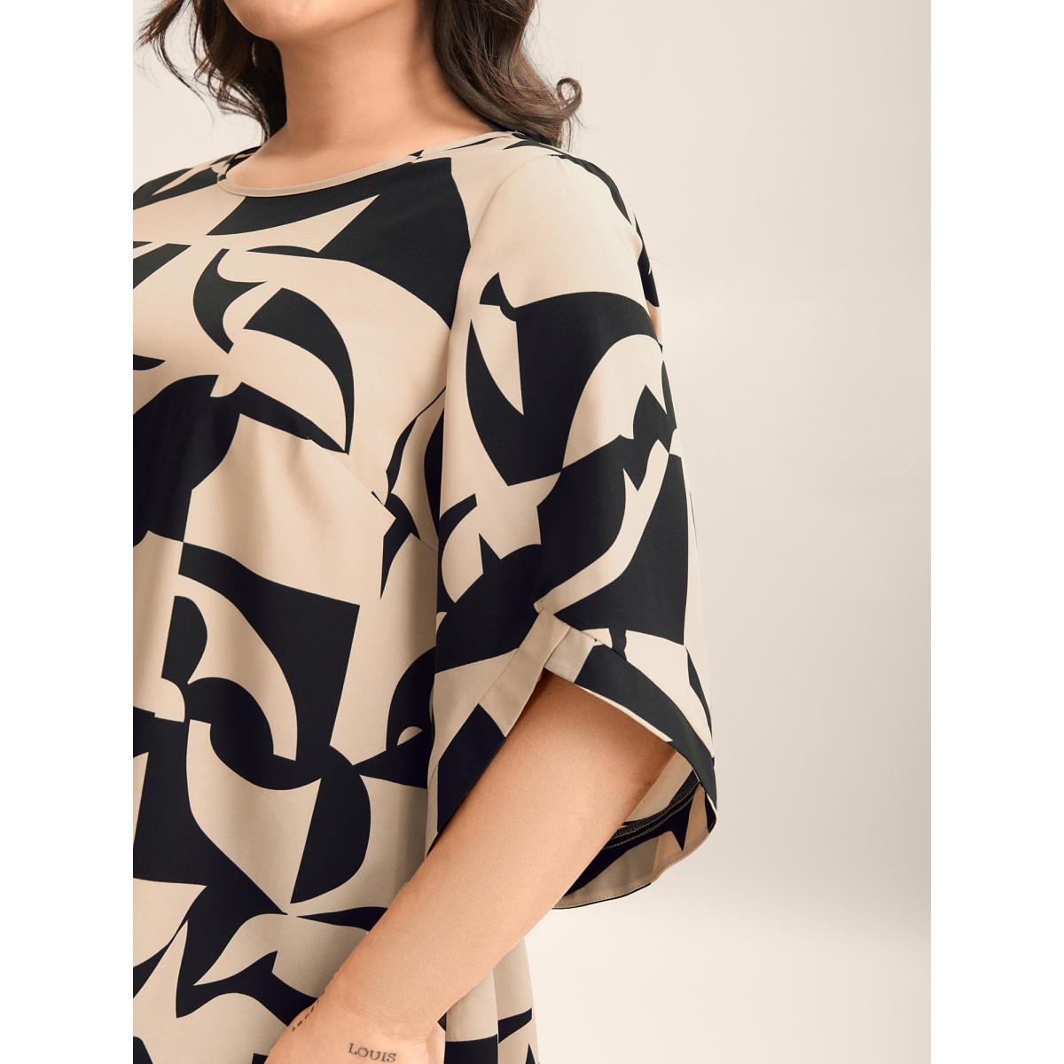Plus Size Multicolor Geometric Pattern Tab Sleeve Flowy Blouse Women At the Office Elbow-length sleeve Round Neck Work Blouses BloomChic 14-16/1X Product Image