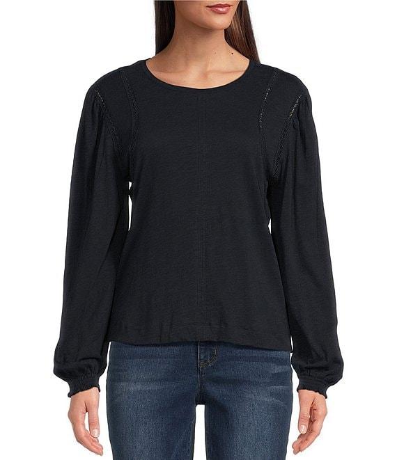 Democracy Petite Size Knit Crew Neck Long Sleeve Crochet Fagoting Detail Top Product Image