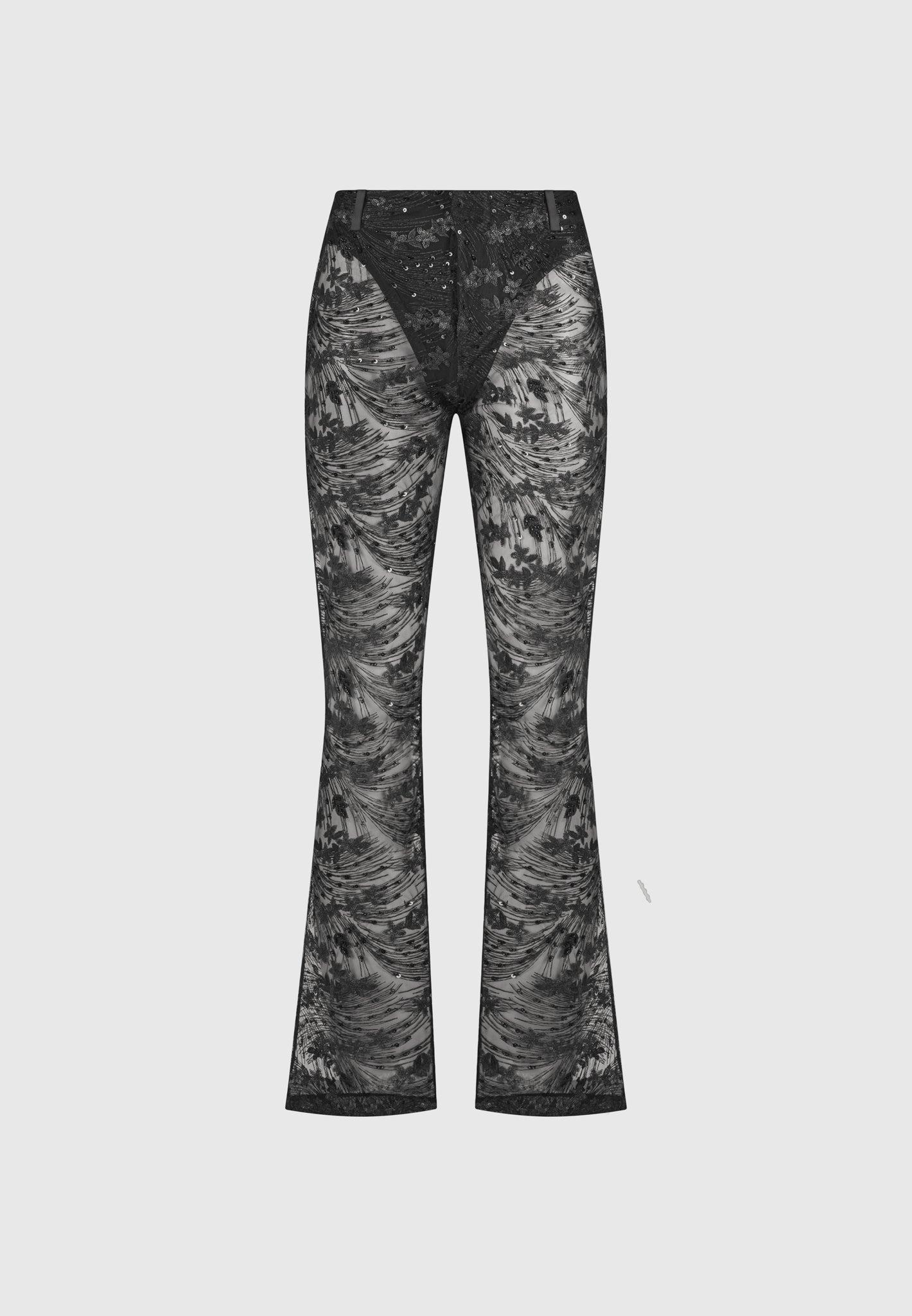 Embellished Lace Fit and Flare Trousers - Black Female Product Image