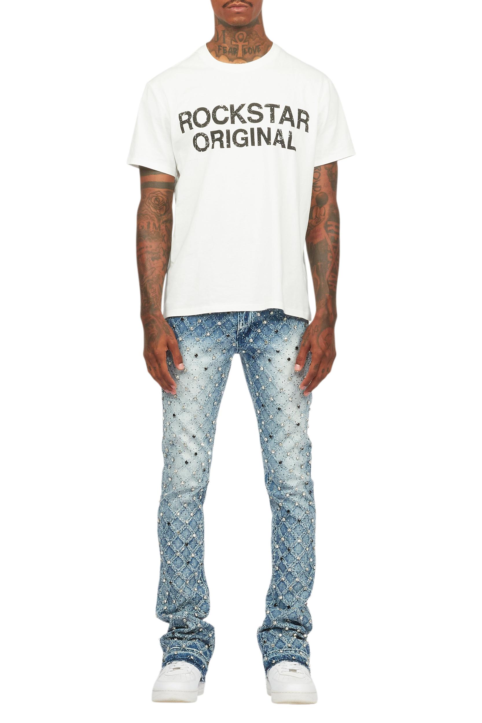 Glit Dark Blue Rhinestone Stacked Flare Jean Male Product Image