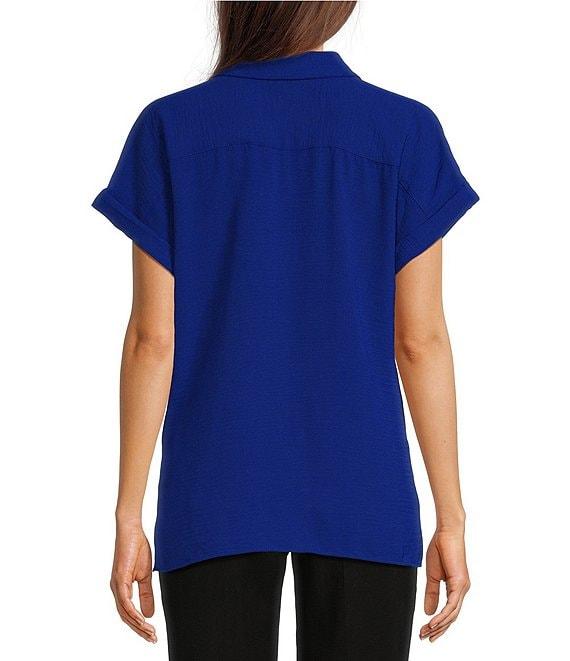 Calvin Klein Puckered Woven Short Cuffed Sleeve Button Front Point Collar Top Product Image