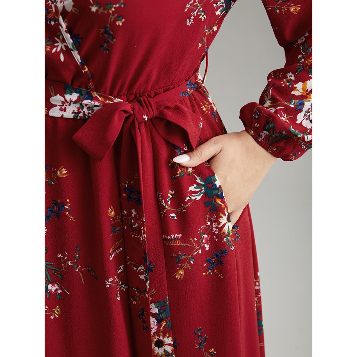 Plus Size Floral Print Belted Split Surplice Neck Dress Scarlet Women Elegant Elastic cuffs Overlap Collar Long Sleeve Curvy Midi Dress BloomChic 12/L Product Image