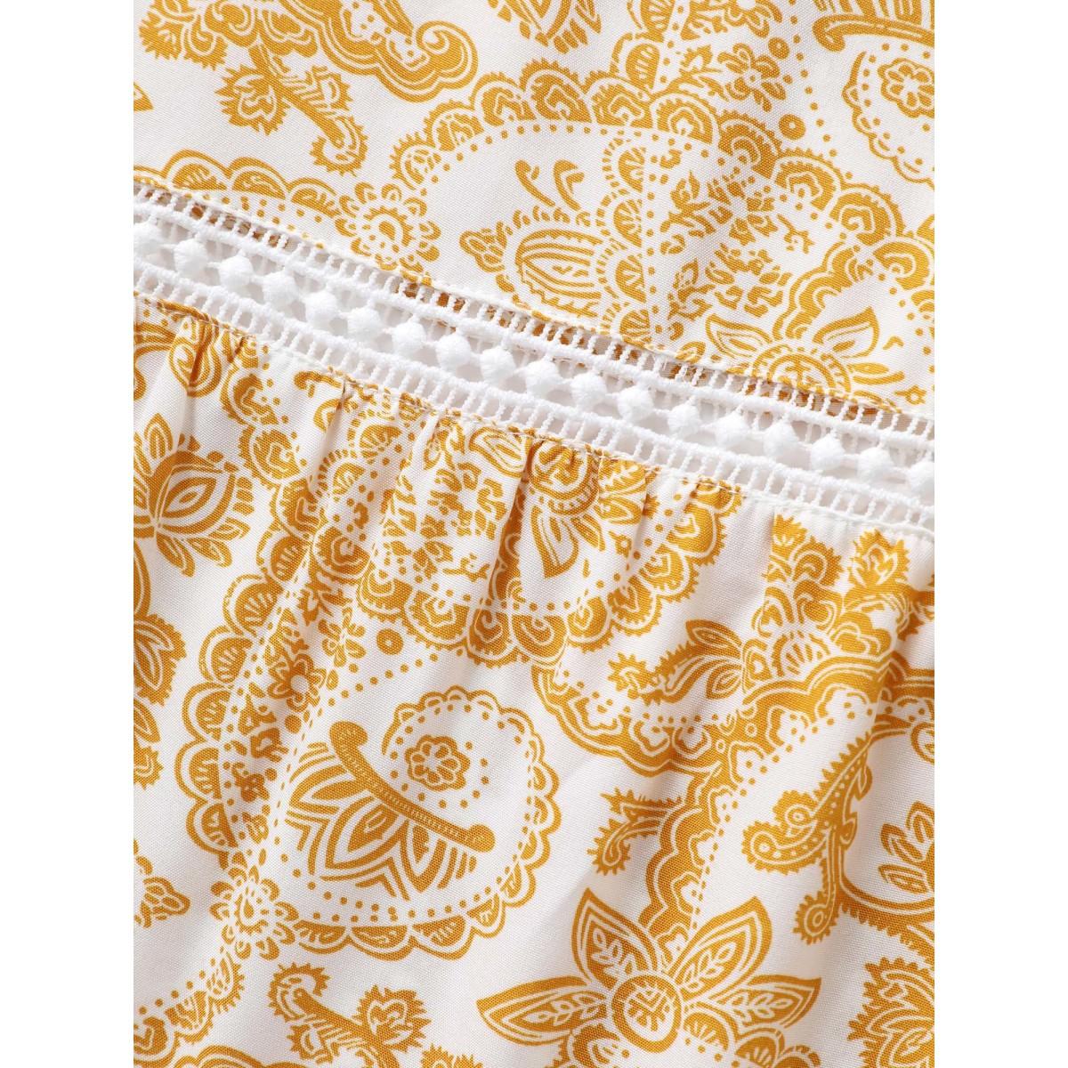 Plus Size Paisely Print Lace Trim Wide-Leg Pants Women Lightyellow Boho Wide Leg Mid Rise Vacation Pants BloomChic 26/4X Product Image