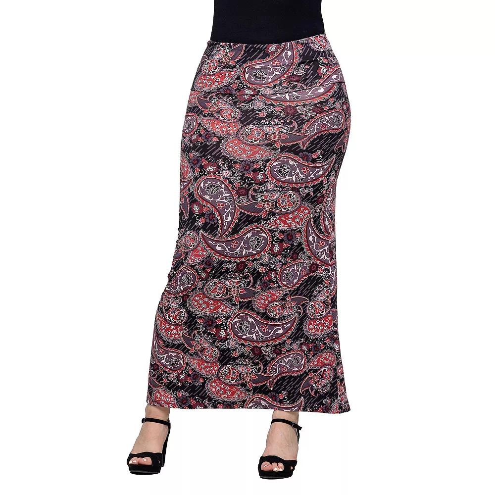 Women's 24Seven Comfort Apparel Paisley Print Fold Over Waist Maxi Skirt, Size: 1XL, Black Team Product Image