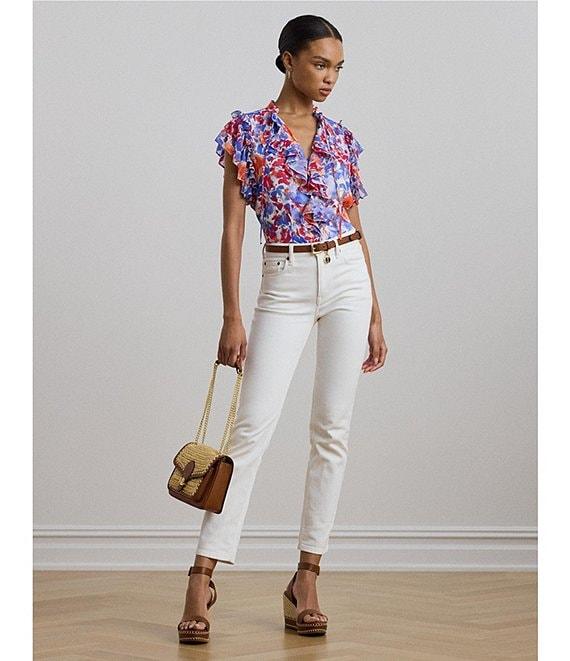 Lauren Ralph Lauren Georgette Floral Ruffle Trim V-Neck Flutter Sleeve Blouse Product Image