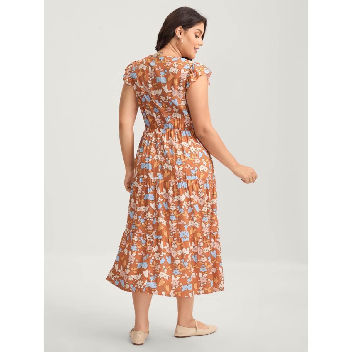 Plus Size Rayon Floral Stretchy Waist Pockets Midi Dress Lightorange Women Notched collar Cap Sleeve Curvy BloomChic 26/4X Product Image