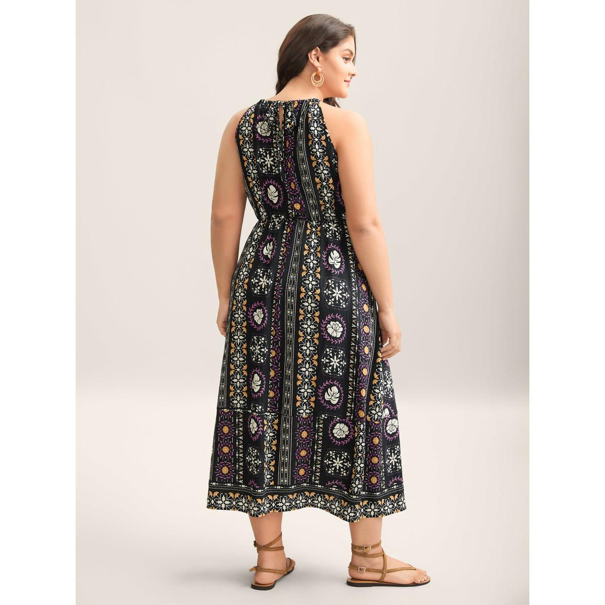 Plus Size Rayon Tropical Boho Print Stretchy Maxi Dress BlackFlower Women Halter neck Sleeveless Curvy BloomChic 26/4X Product Image