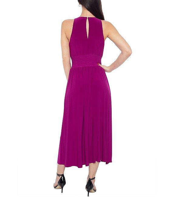 Marina Halter Neck Sleeveless Smocked Waist Pleated ITY Jersey Midi A-Line Dress Product Image