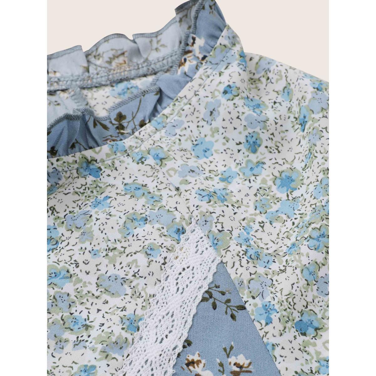 Plus Size Stone Ditsy Floral Ruffles Lace Patchwork Ties Blouse Women Elegant Short sleeve Notched collar Everyday Blouses BloomChic 22-24/3X Product Image