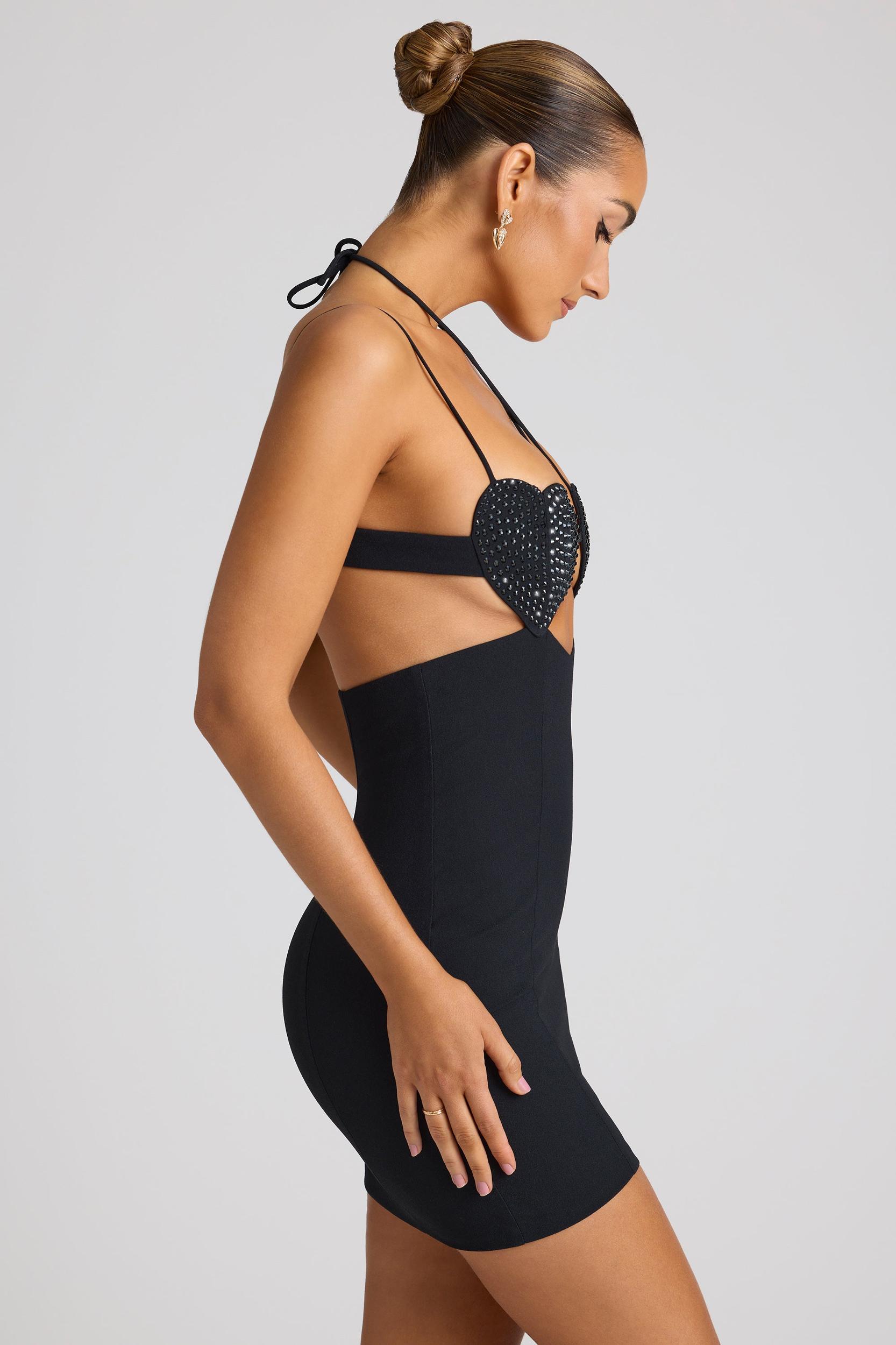 Embellished Heart Cup Detail Mini Dress in Black Product Image