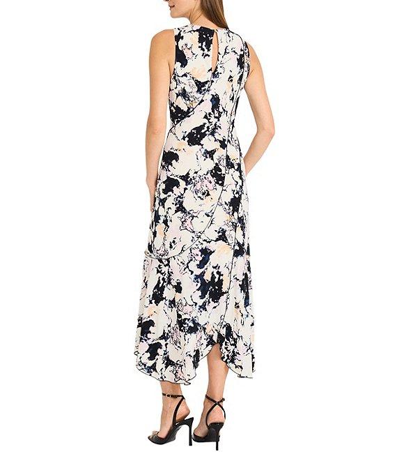 Maggy London Printed ITY Crew Neck Sleeveless Asymmetrical Hem A-Line Midi Dress Product Image