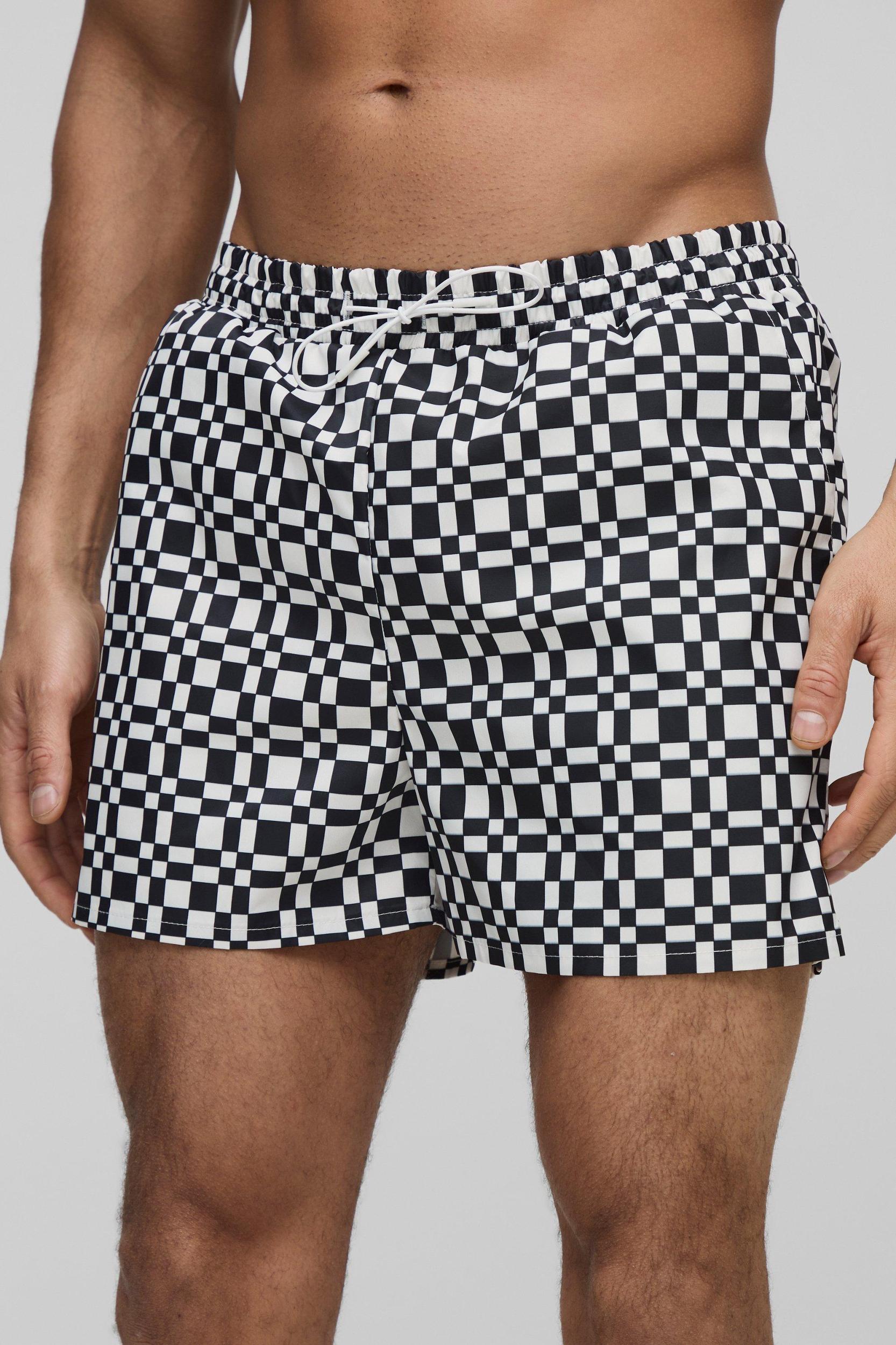 Abstract Plaid Print Short Length Swim Trunks | boohooMAN USA Product Image