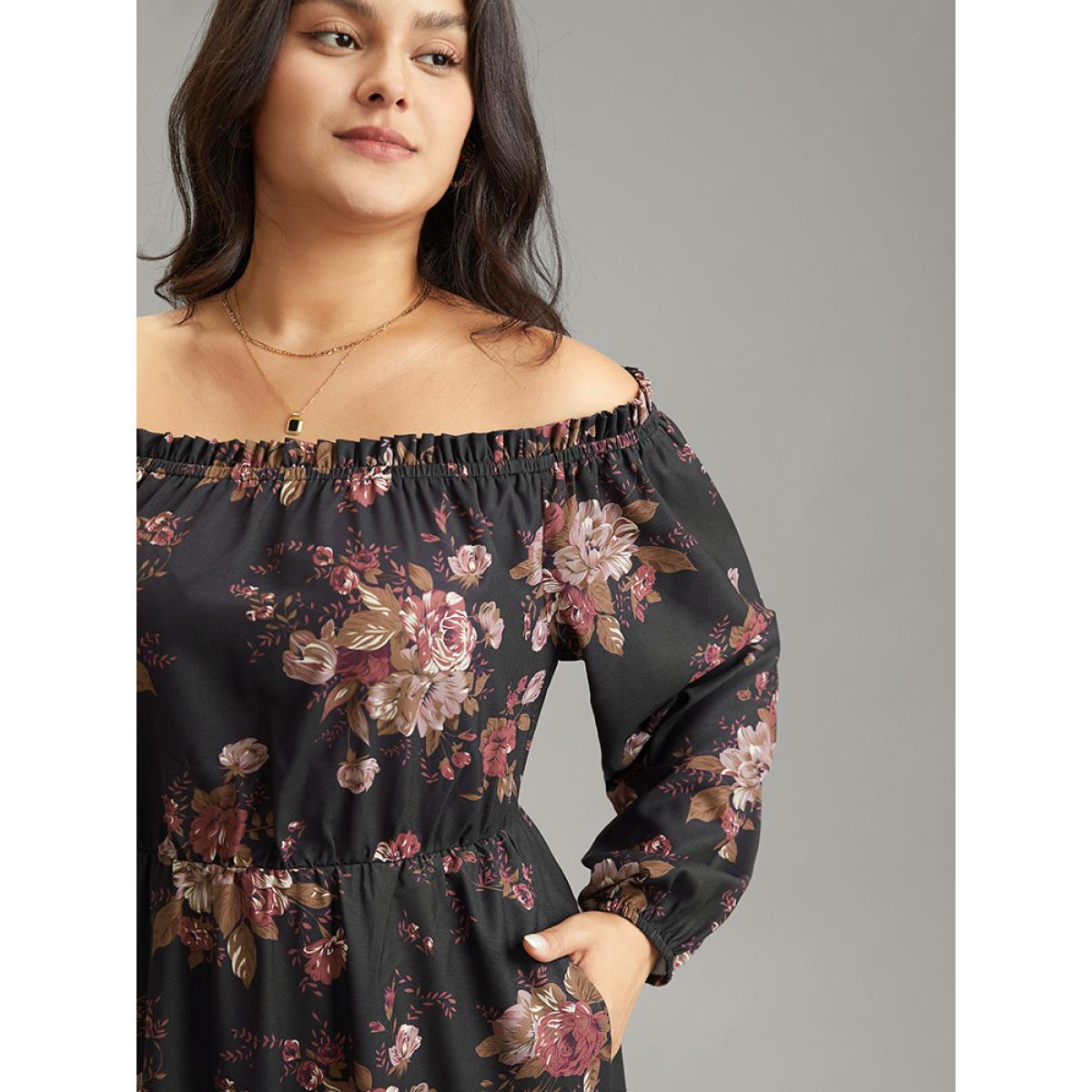 Plus Size Off Shoulder Floral Frill Trim Lantern Sleeve Dress Black Women Elegant Elastic cuffs One-shoulder neck Long Sleeve Curvy Midi Dress BloomChic 28/5X Product Image