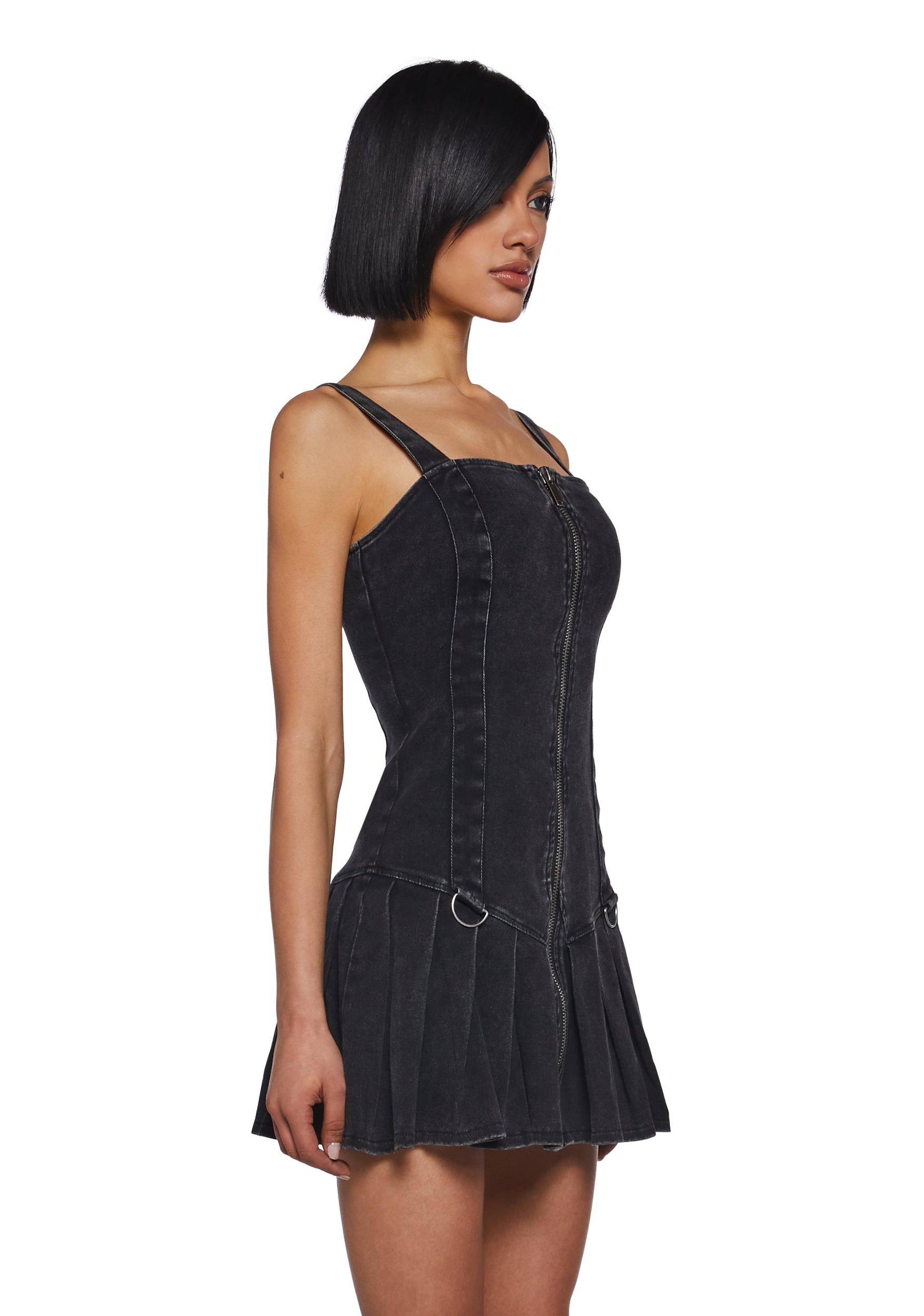 Womens Washed Denim Mini Dress With Front Zipper Closure Current Mood - Black Product Image