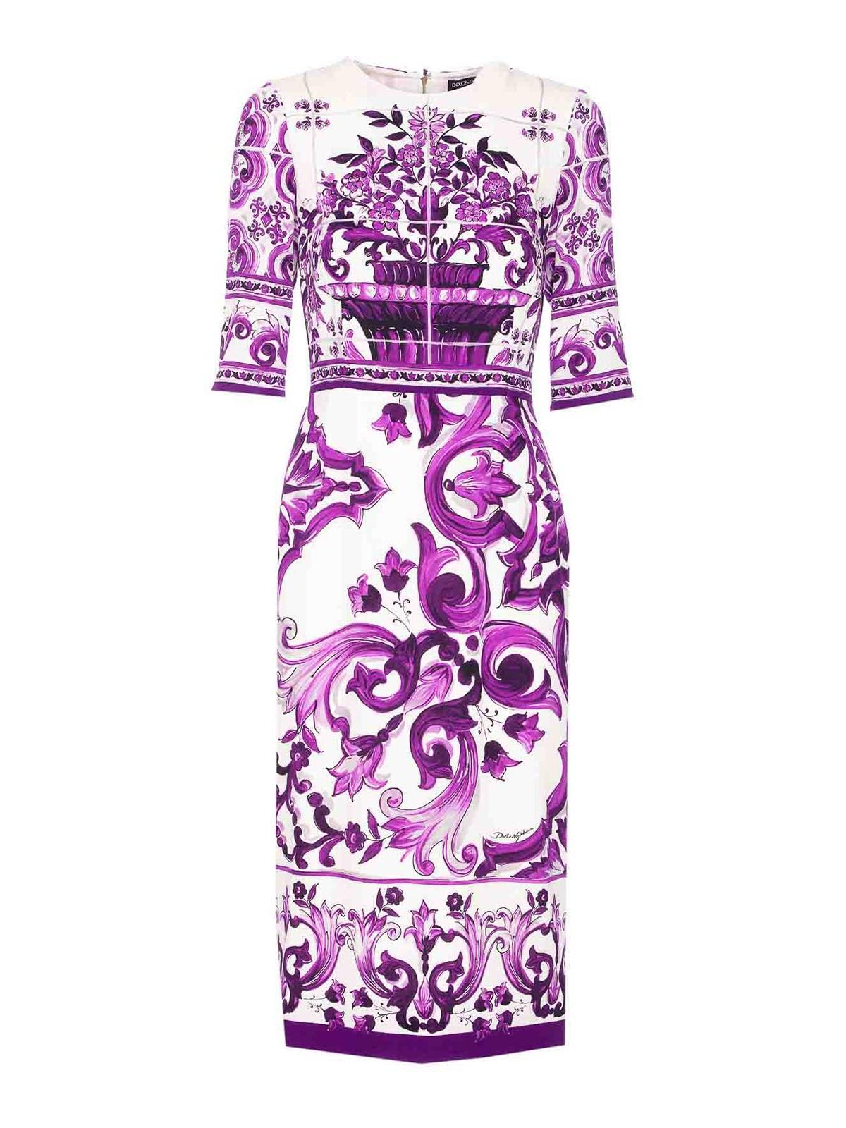 DOLCE & GABBANA Violet Crewneck Dress With Rear Zip Closure And All-over Floral Print In Silk Stretch Woman In Purple Product Image