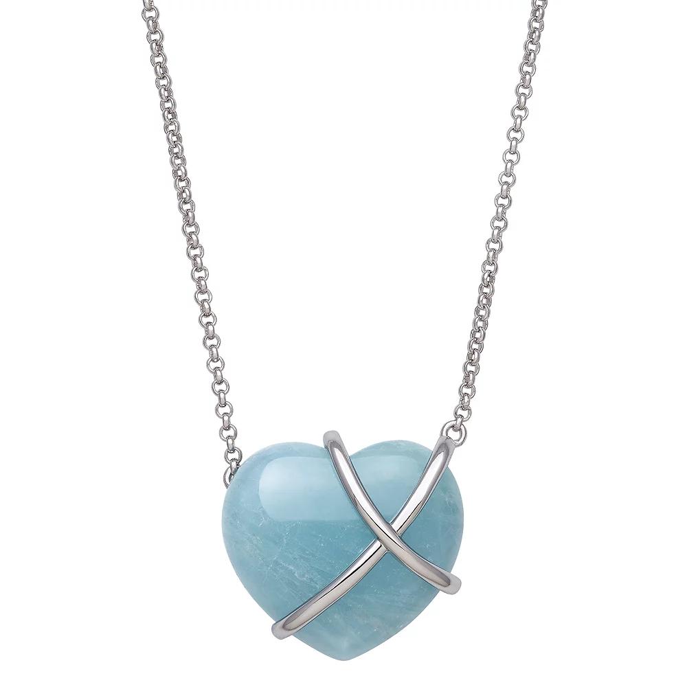 Sterling Silver Aqua Bead Heart Necklace, Womens Product Image