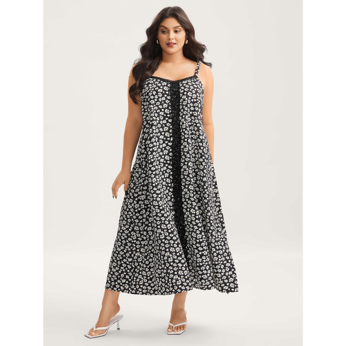 Plus Size Floral Lace Front Flowy Midi Dress BlackFlower Women Non Sleeveless Curvy BloomChic 14-16/1X Product Image