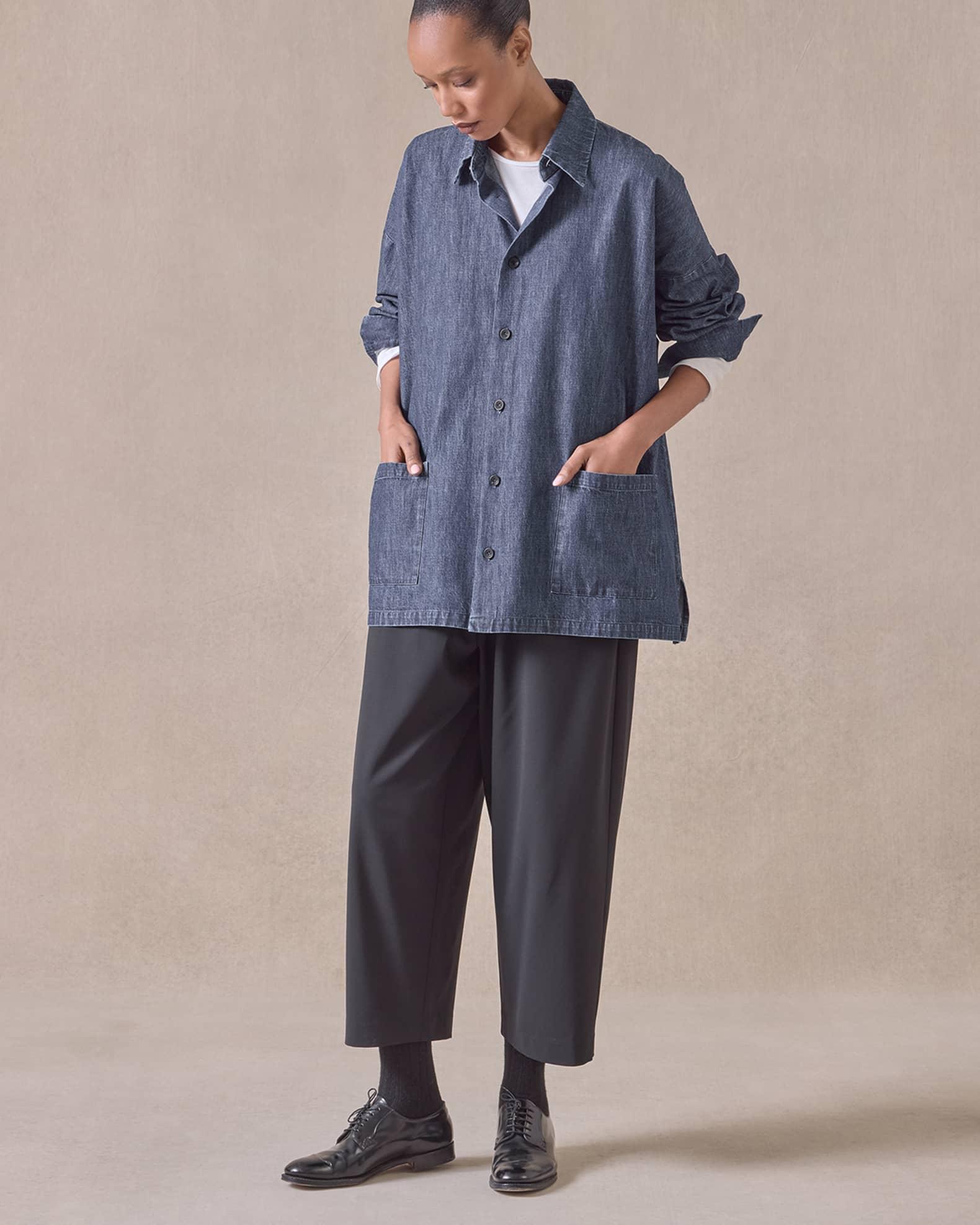 Denim Wide A-Line Shirt Jacket With Collar (Long Length) Product Image