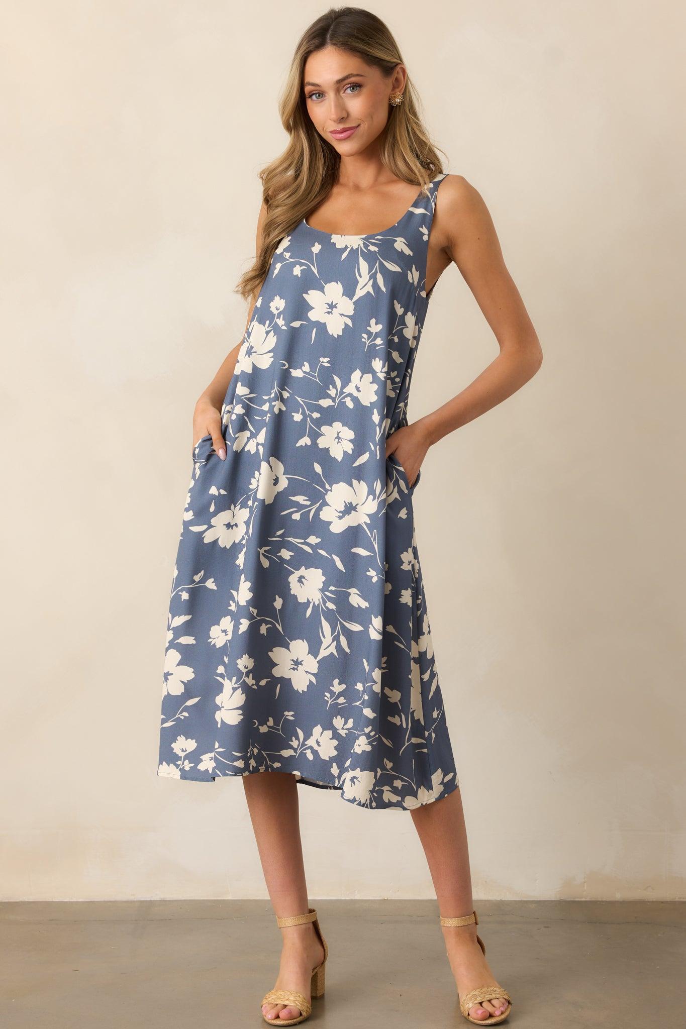 Breezing By Dusty Blue Floral Midi Dress Product Image