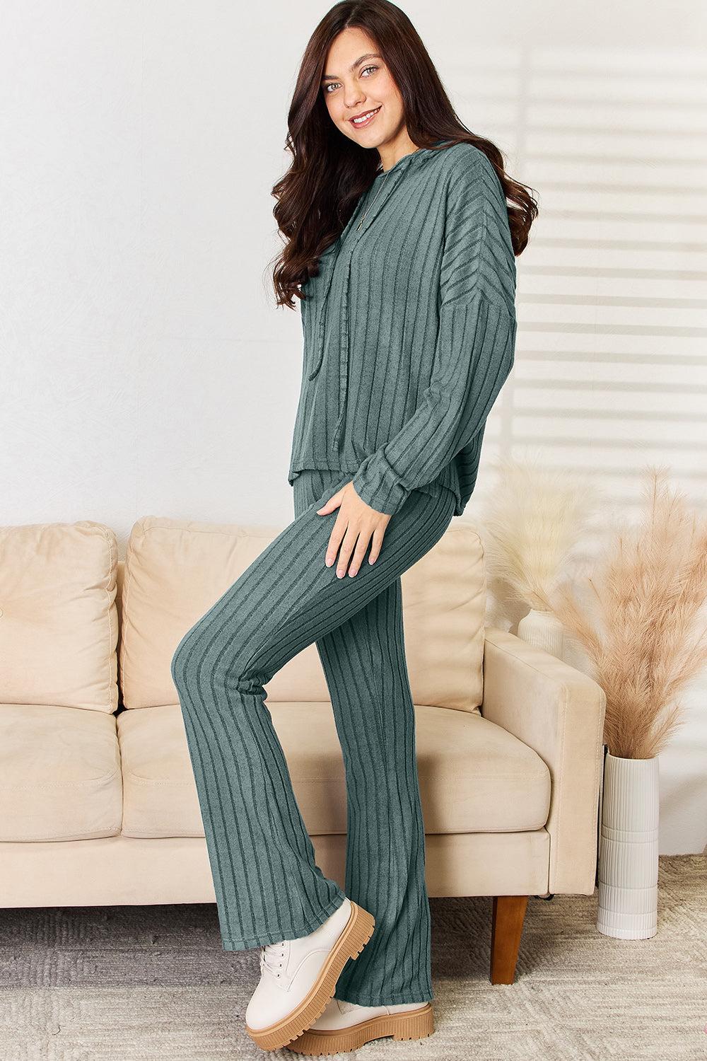 Basic Bae Full Size Ribbed Drawstring Hooded Top and Straight Pants Set Product Image