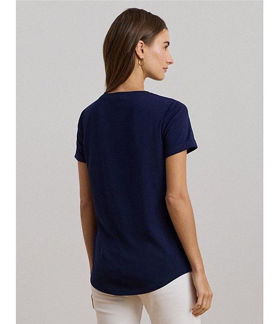 Lauren Ralph Lauren Stripe Beaded Logo Crew Neck Cotton Jersey Tee Top Product Image