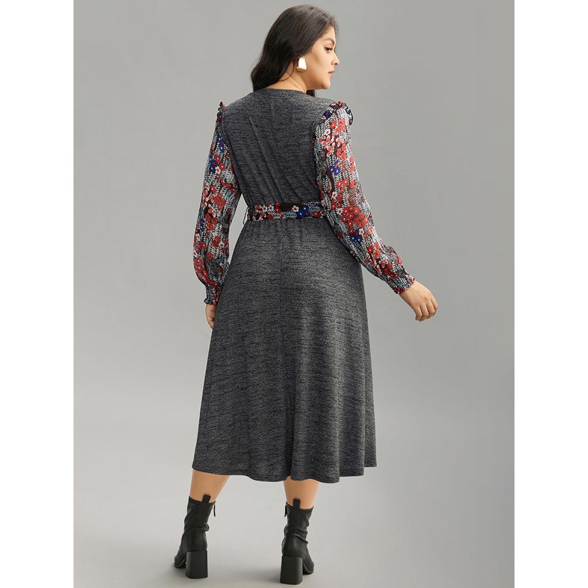 Plus Size Ditsy Floral Patchwork Ruffle Trim Belted Dress DimGray Women Casual Belted Round Neck Long Sleeve Curvy Midi Dress BloomChic 28/5X Product Image