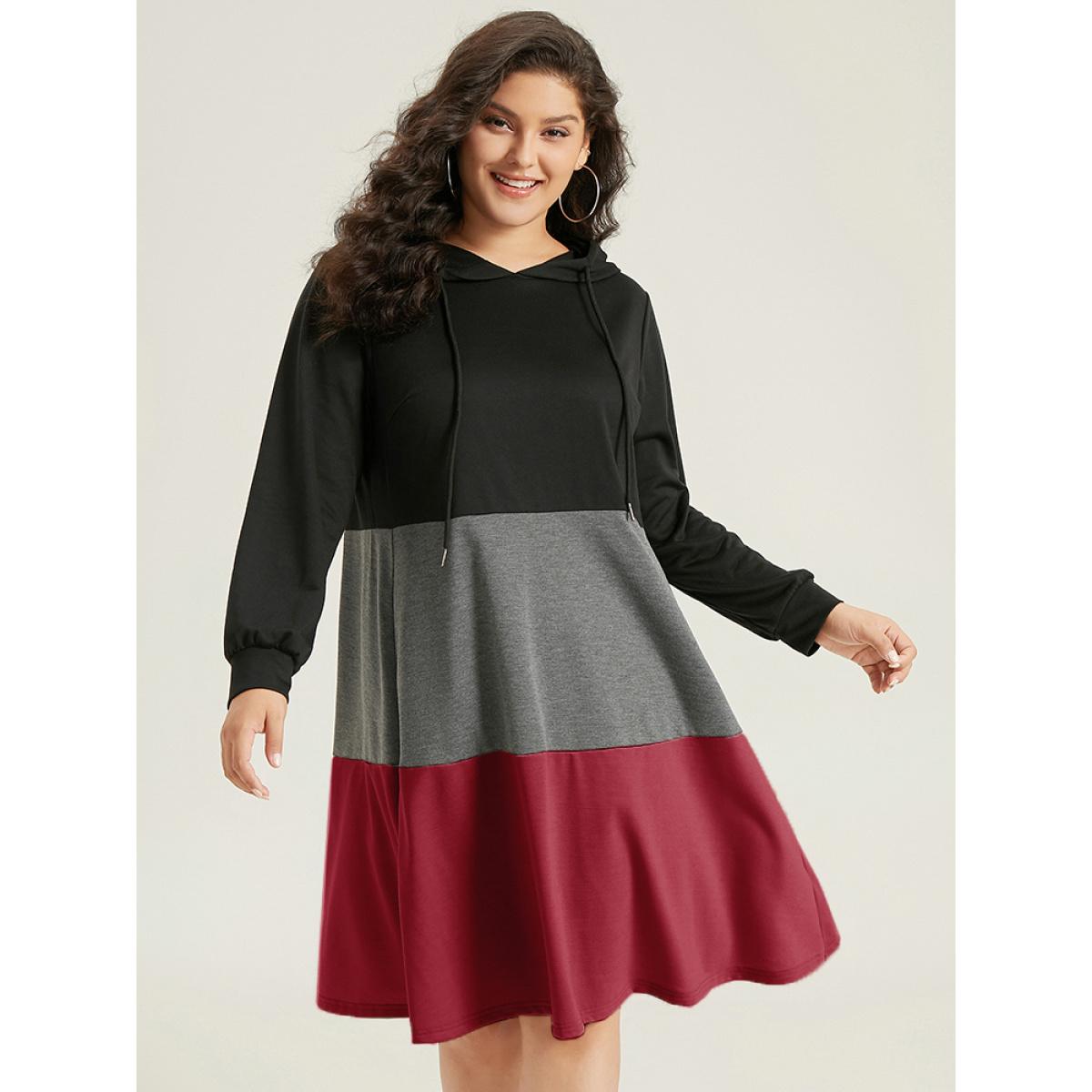 Plus Size Colorblock Contrast Hooded Drawstring Dress Scarlet Women Casual Contrast Hooded Long Sleeve Curvy Midi Dress BloomChic 30/6X Product Image
