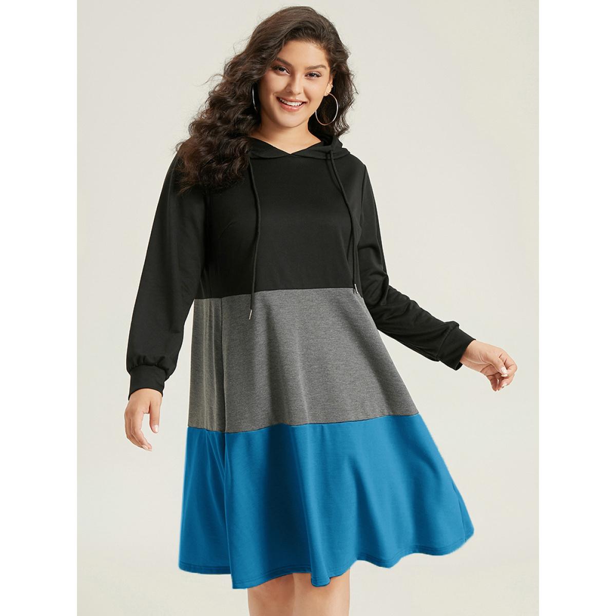 Plus Size Colorblock Contrast Hooded Drawstring Dress Scarlet Women Casual Contrast Hooded Long Sleeve Curvy Midi Dress BloomChic 30/6X Product Image