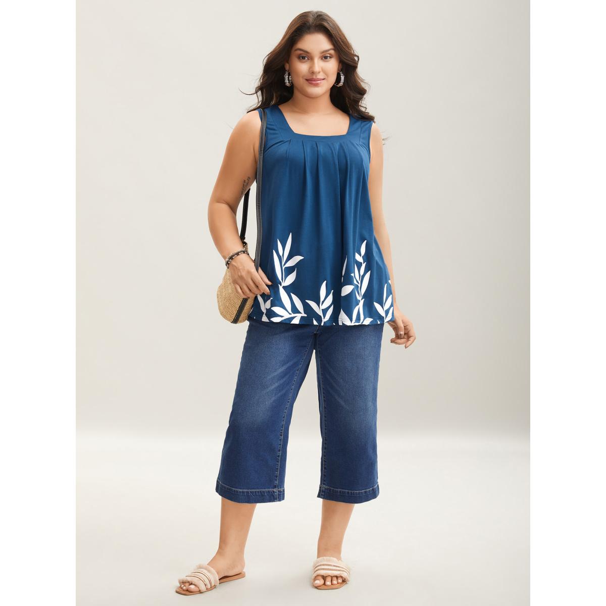 Plus Size Leafy Printed Hem Pleated Sleeveless Top Women Mediumblue Resort Pleated Square Neck Vacation Tank Tops Camis BloomChic 12/L Product Image