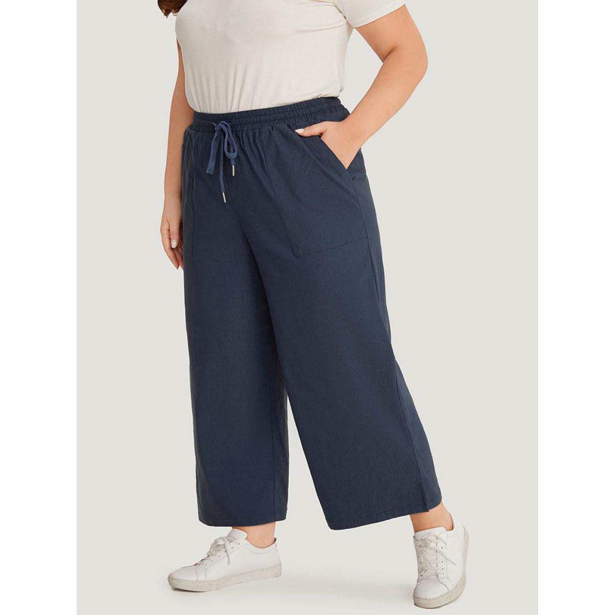 Plus Size Plain Pocket Drawstring Split HemWide leg Pants Women Indigo Office Loose Mid Rise Office Pants BloomChic 26/4X Product Image
