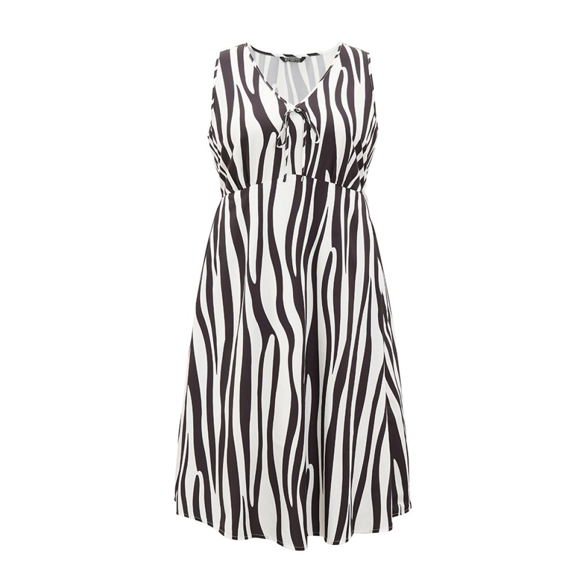 Plus Size Zebra Print Ruffle Sleeveless Pocket Knot Neck Dress Black Women Elegant V-neck Sleeveless Curvy Knee Dress BloomChic 12/L Product Image