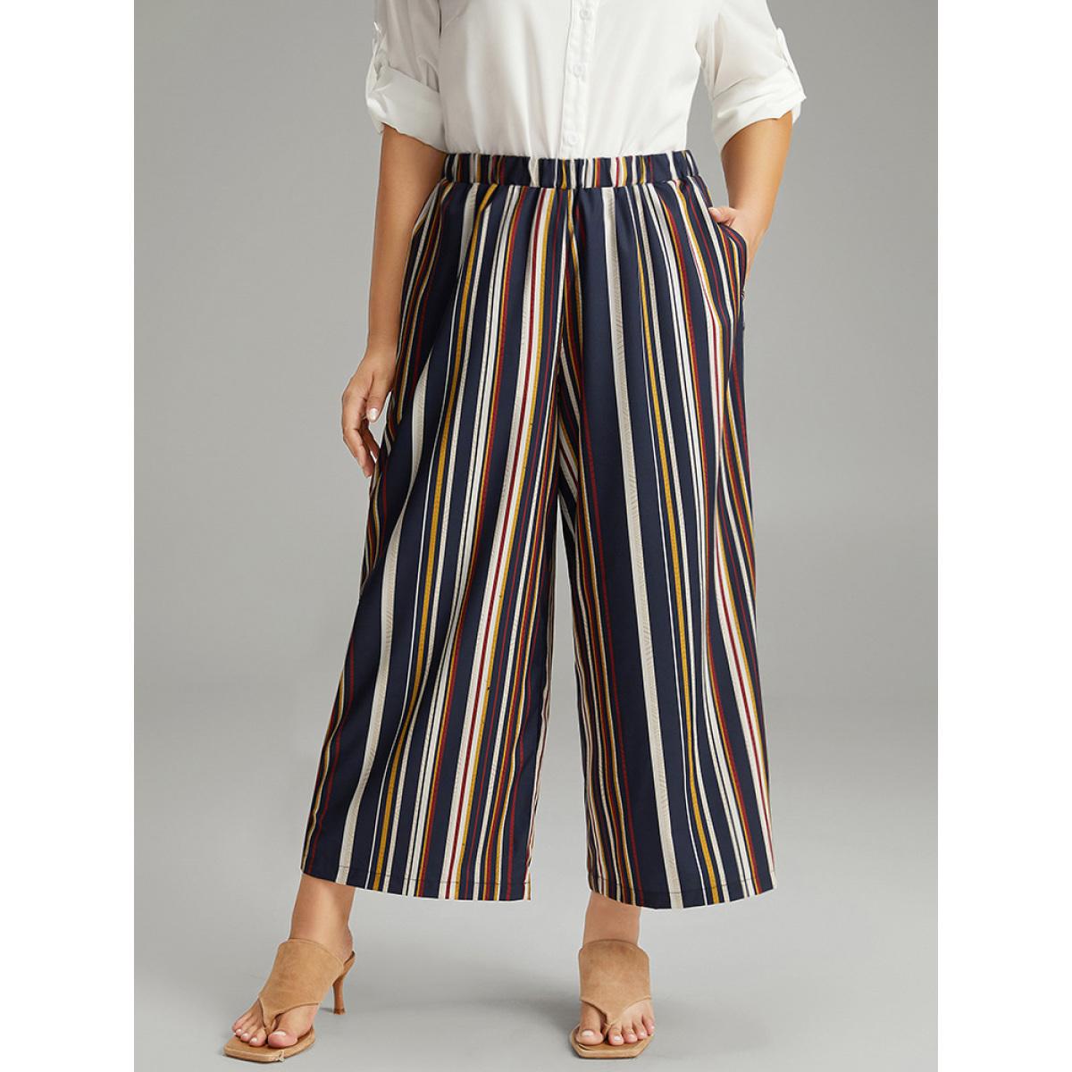 Plus Size Colour Striped Contrast Elastic Waist Wide Leg Pants Women Multicolor Casual Wide Leg High Rise Dailywear Pants BloomChic 10/M Product Image