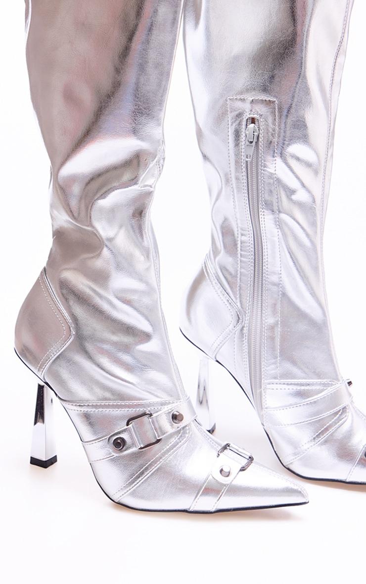 Silver Pu Metallic Buckle Detail High Heeled Knee Boots Product Image