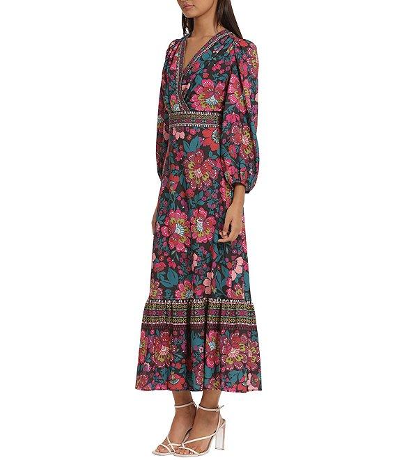 Donna Morgan Stretch Floral Printed Surplice V Neckline Long Puff Sleeve Maxi Dress Product Image