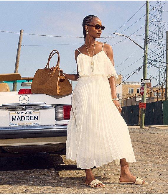 Steve Madden Sakura Pleated Woven V Neck Sleeveless Fit and Flare Midi Dress Product Image