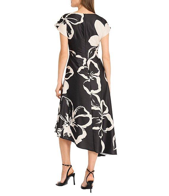 Maggy London Floral Charmeuse Cowl Neck Short Sleeve Asymmetrical Hem A-Line Midi Dress Product Image