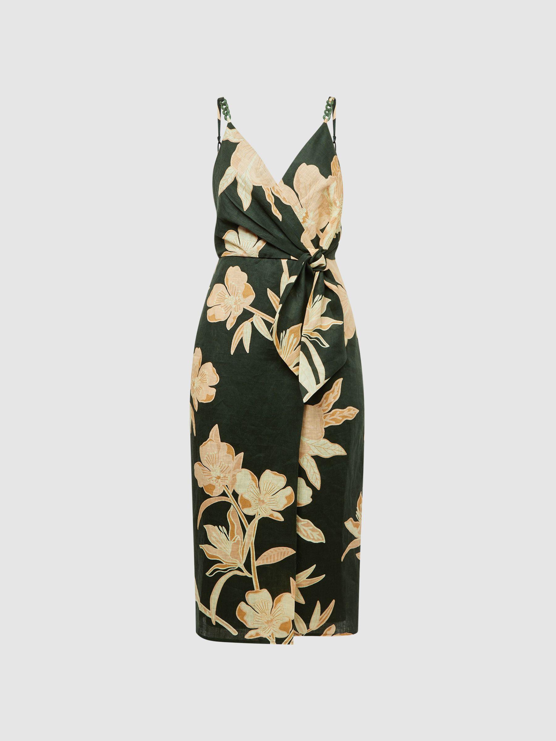 Fitted Floral Print Midi Dress in Khaki Product Image