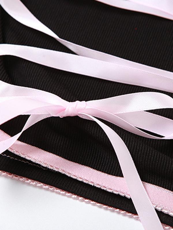 Contrast Ribbon Tie Up Bandeau Top & Bow Split Skirt Set Product Image