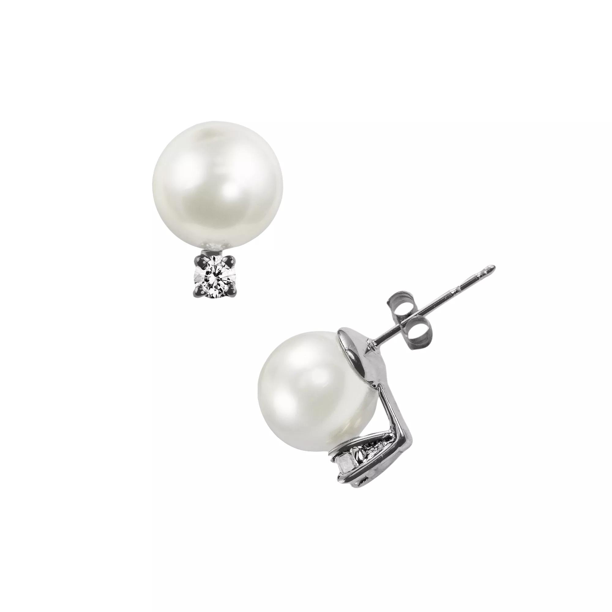 14k White Gold Akoya Cultured Pearl and Diamond Accent Stud Earrings, Womens Product Image